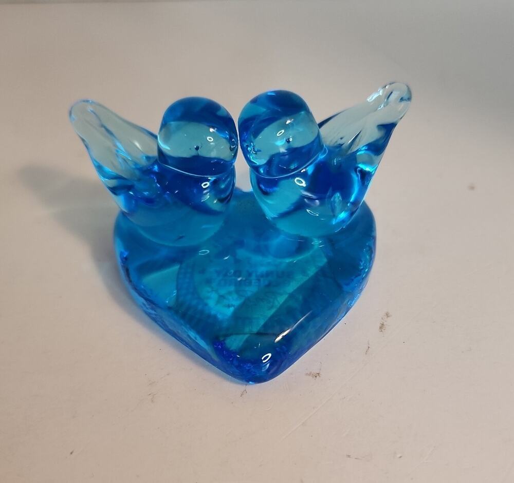 "Sunny Day" Blue Birds on Heart Ron Ray 1999 3" Art Glass Figurine Paperweight